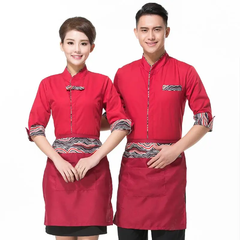 Middle Sleeve Shirt+Apron Uniform Work Men Chinese Food Restaurant Waiter Clothes set Free Shipping Hot Pot Cheap Workwear Sales