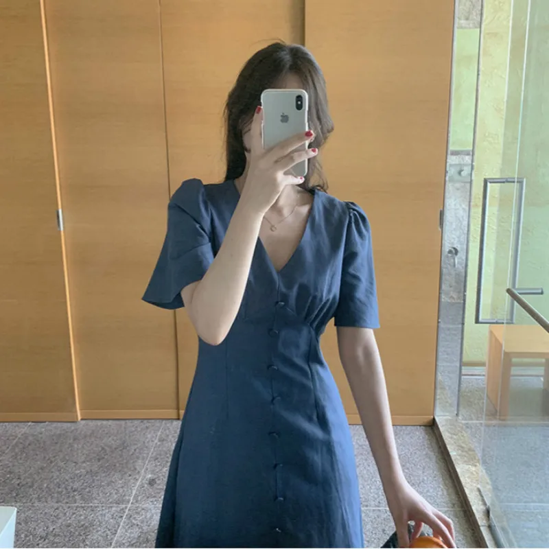 Long Dresses with Buttons Summer Women Elegant Sexy A- Line V Neck Short Sleeve Slim Waist Cotton Solid Color