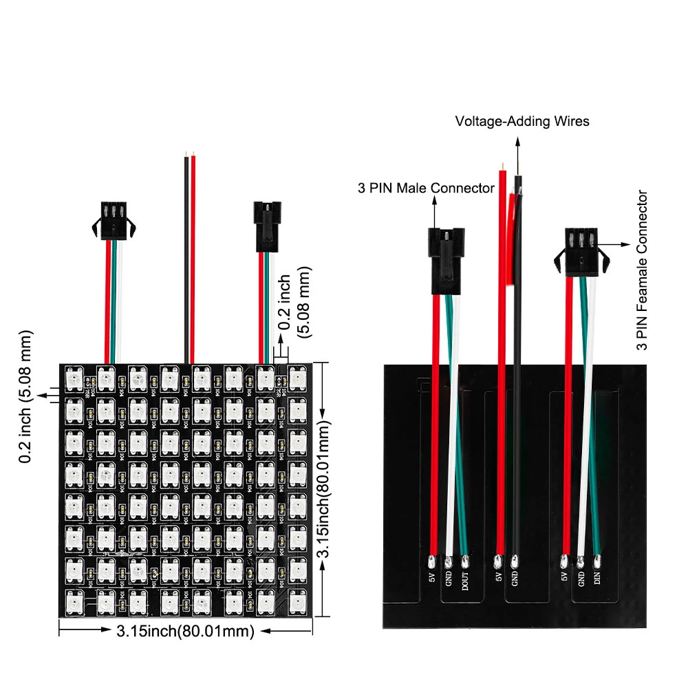 WS2812B RGB แผงหน้าจอ 8x8 16x16 8x32 256 พิกเซลดิจิตอล LED แบบยืดหยุ่นโปรแกรมแอดเดรสแอดเดรสสี DC5V