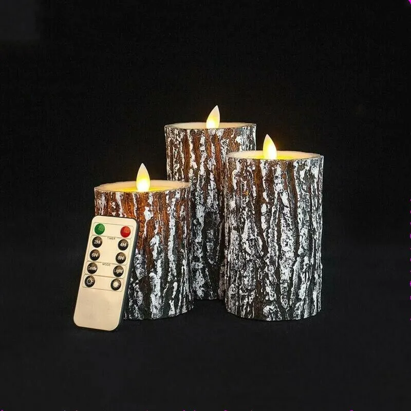 Set of 3 Moving Dancing Swinging Wick LED Pine Bark Candle Remote Controlled Paraffin Wax Wedding Bar Home Party Decoratio-Amber