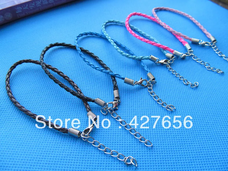 180mmx3mm (6 Colors) Faux Braid Leather Cord Bracelet,1.8inch Extender Chain,12x7mm Lobster Clasp,DIY Accessory Jewellry Making