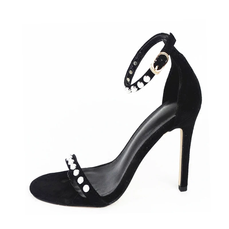 

Carpaton 2019 Summer Newest Pearls Beade Ankle Strap High Heel Sandal Open Toe Cutouts Woman Thin Heels Shoe Black Suede Sandal