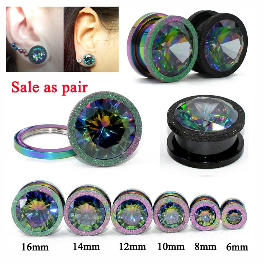 1 Pair Piercing Stainless Steel Screw Zircon Crystal Grind Arenaceous Ear Plugs and Tunnels Body Jewelry Ear Gauges 6mm-16mm