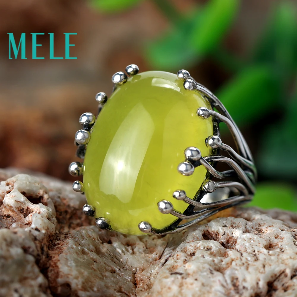 Natural yellow prehnite rings for women and man,15X20mm 23ct big oval cut Grape stone,925 sterling silver gemstone fine jewelry