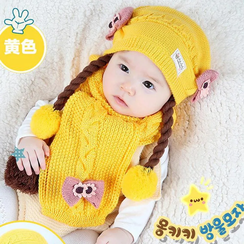 Doitbest False braids Child Knitted hats winter two flowers 2 pcs baby girl scarf hat set Age for 6 months-3 Years Old MZ4188