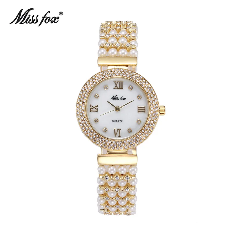 Miss Fox Pearl Watch for Women Luxury Famous Brand Steel Gold Watch Women Quartz Crystal Diamond Watch Clock montre femme