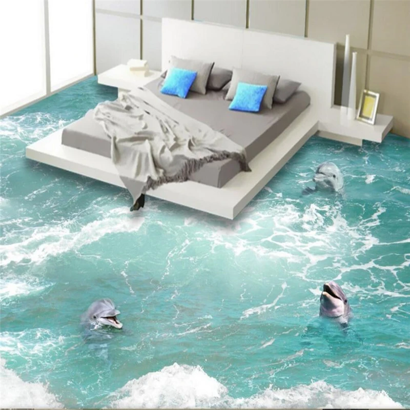 

beibehang dolphin waves Custom 3D Floor Wallpaper Bathroom Kitchen 3D flooring Mural Self-adhesive Wallpaper Waterproof Mandarin