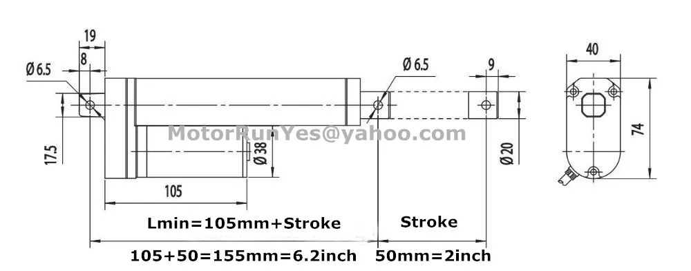 12V DC 50mm=2inch stroke 16mm/s=0.64inch/s speed 600N=60KG=132 Pound lift electric linear actuator free shipping