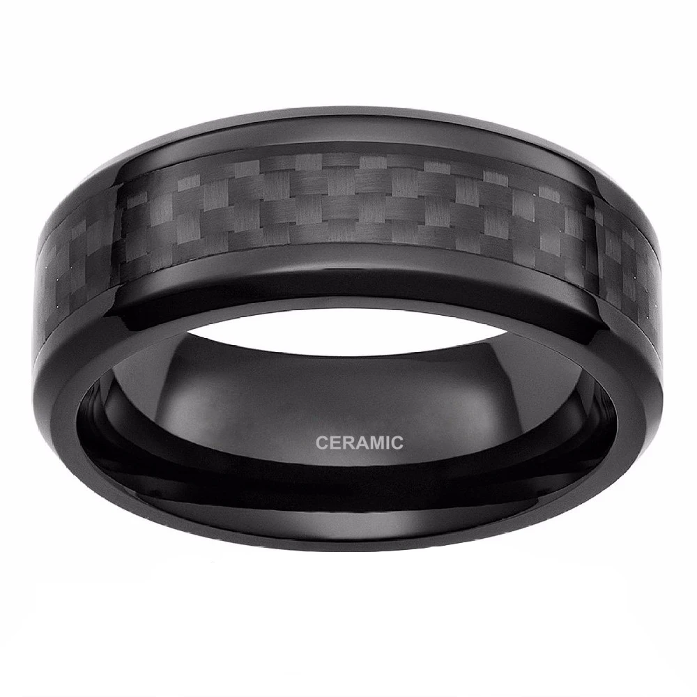 TIGRADE 6/8mm Men\'s Black Rings Carbon Fiber Inlay Ceramic Ring Wedding Band Dark Male Jewelry Finger Band Unique anillo hombre