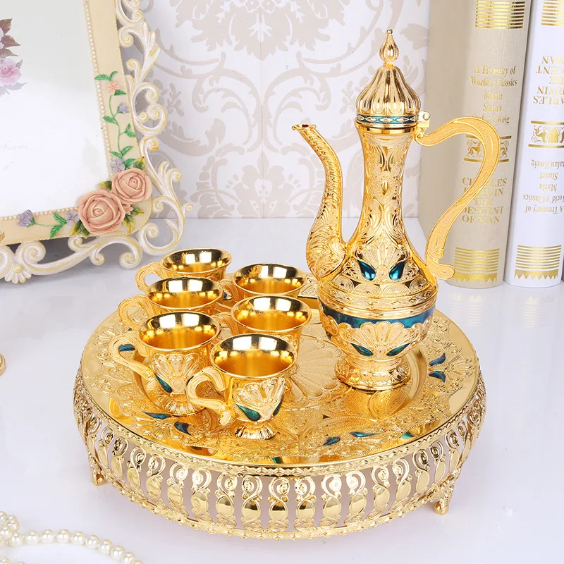 IMUWEN Metal Coffee Set Wine Set European Tea Set Retro Creative Hotel/ Home Room Table Decoration 1 set= 1 plate+ 1 pot +6 cups