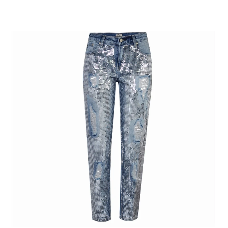 Sequin jeans woman sexy plus size vintage mid waist hole mom boyfriend ripped jeans for women's jeans distressed denim pants