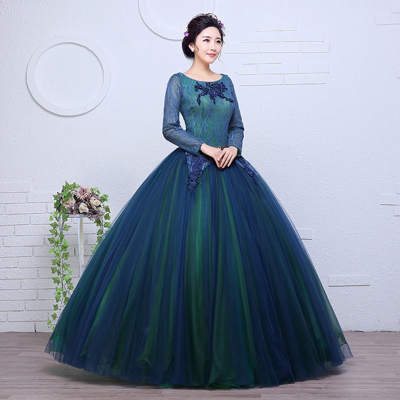 long sleeve lace embroidery beading court ball gown medieval dress Renaissance queen Victorian cosplay ball gown Belle Ball