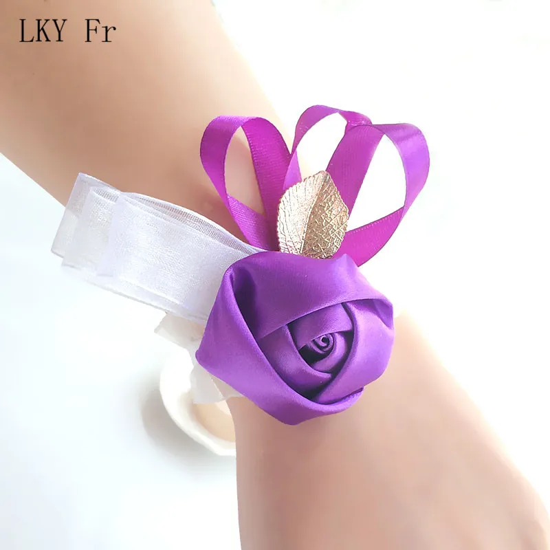 LKY Fr Wrist Corsage Wedding Corsage Bracelet Ribbon Flower Cuff Bracelets Bridesmaid Bridal Corsage Wedding Bracelets for Women