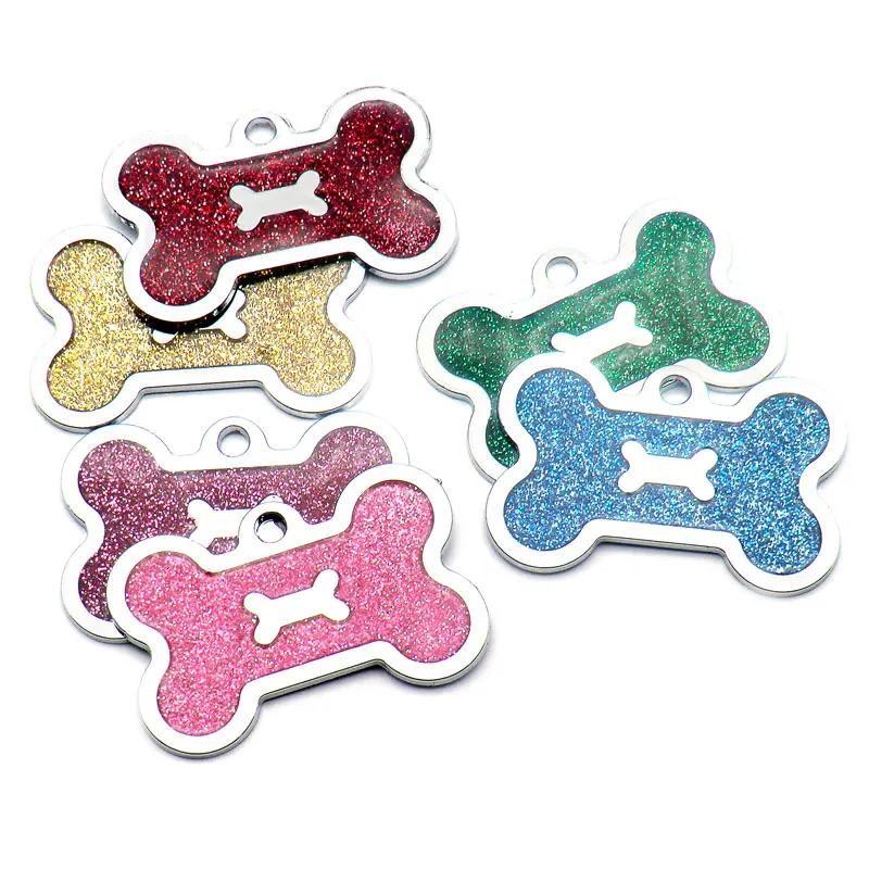 Wholesale 100Pcs Glitter Personalized Dog ID Tag Customized Bone Shape Name Tag Plate Pet Shop Dog Accessories Collar Decoration