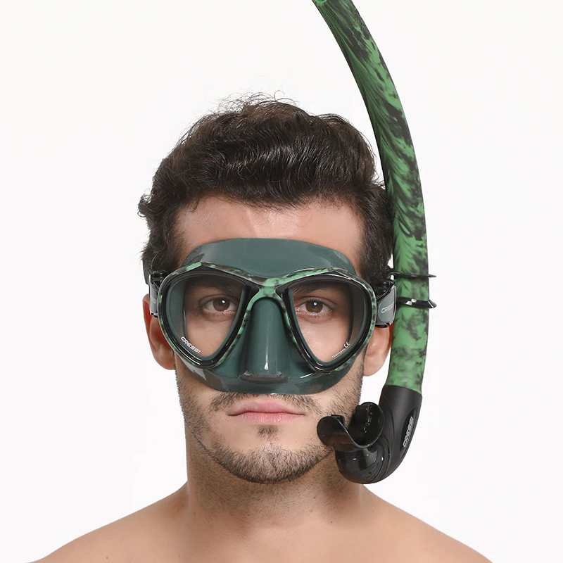 Cressi Diving Mask Snorkel Set Freediving Apnea Snorkeling Scuba Camouflage Flexible Breathing Tube for Adults | HUNTER