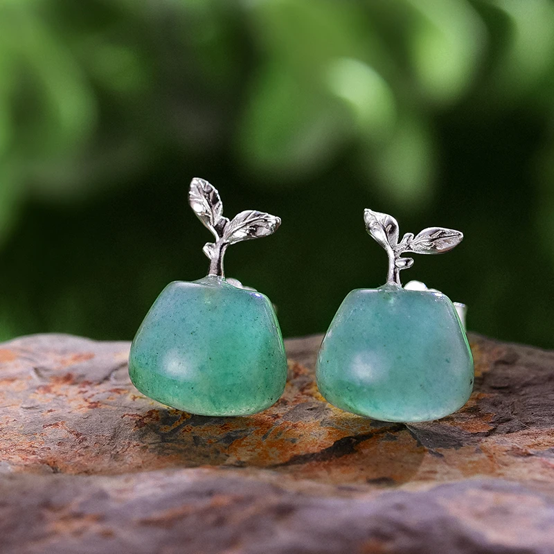 Lotus Fun Real 925 Sterling Silver Natural Aventurine Gemstone Fine Jewelry Sprouting in Spring Stud Earrings for Women