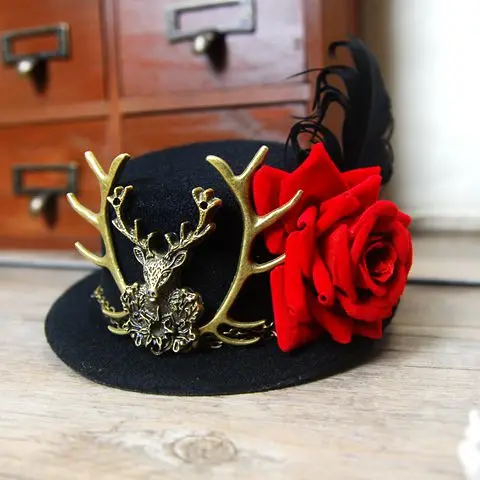 

Unique Black Mini Top Hat Steampunk Alice Wonderland Deer Head Head Wear Rose Hair Accessories