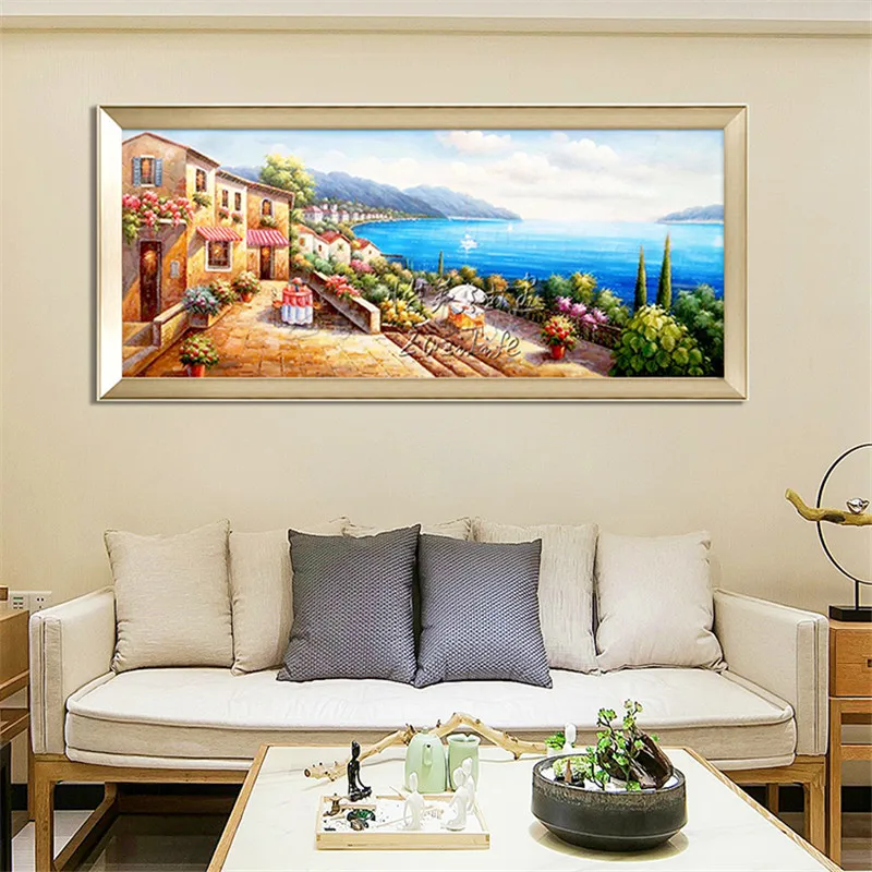 Hand-painted Mediterranean Sea view room painted the sitting room decorates a wall painting on the canvas art wallpaper image 34