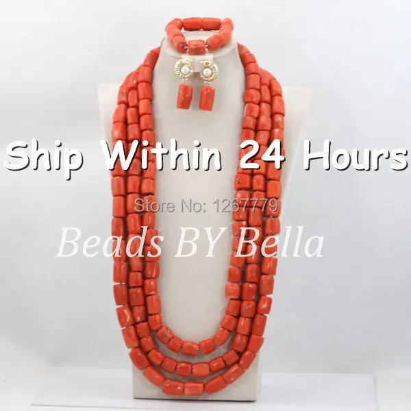 Red Long African Coral Beads Jewelry Set Nigerian Beads Necklaces Statement Necklace African Jewelry Beads Free Shipping ABC421