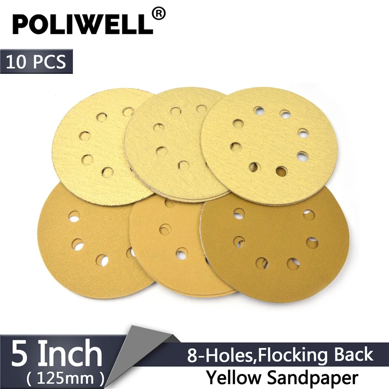 POLIWELL 10PCS 5 Inch 8 Hole Sandpaper 125mm 60~1000 Grit Yellow Sanding Paper Sanding Discs for Hook and Loop Festool Sander