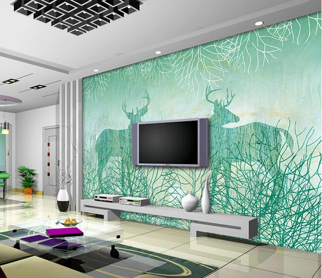 The custom 3D murals,3 d blue retro abstract hand drawn cartoon tree elk ,living room sofa TV wall bedroom wall paper