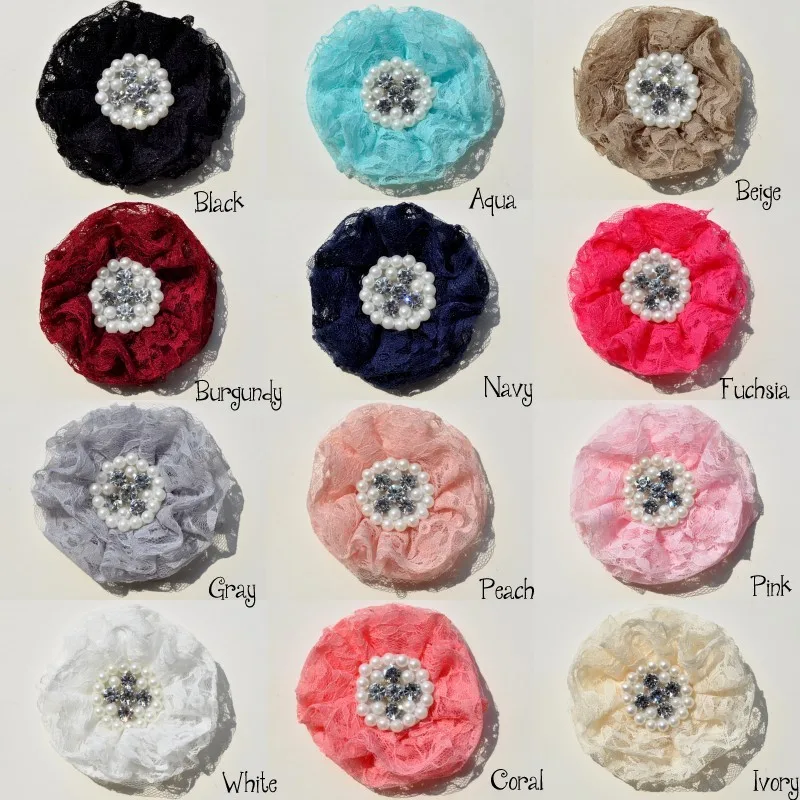 200pcs/lot 9CM 12Colors Artificial Frayed Organza Beaded Lace Fabric Flowers With Pearl Rhinestone For Baby Headbands Hair/Dress