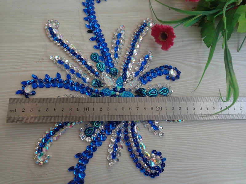 ZBROH Handmade deep blue/clear AB colour sew on  Rhinestones applique crystal patches with stones sequins beads 30*24cm