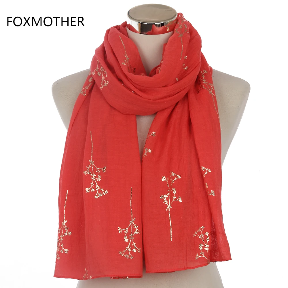 FOXMOTHER New Design Femal Black Grey Red Metallic Gold Foil Glitter Floral Shawls Wrap Scarf For Women