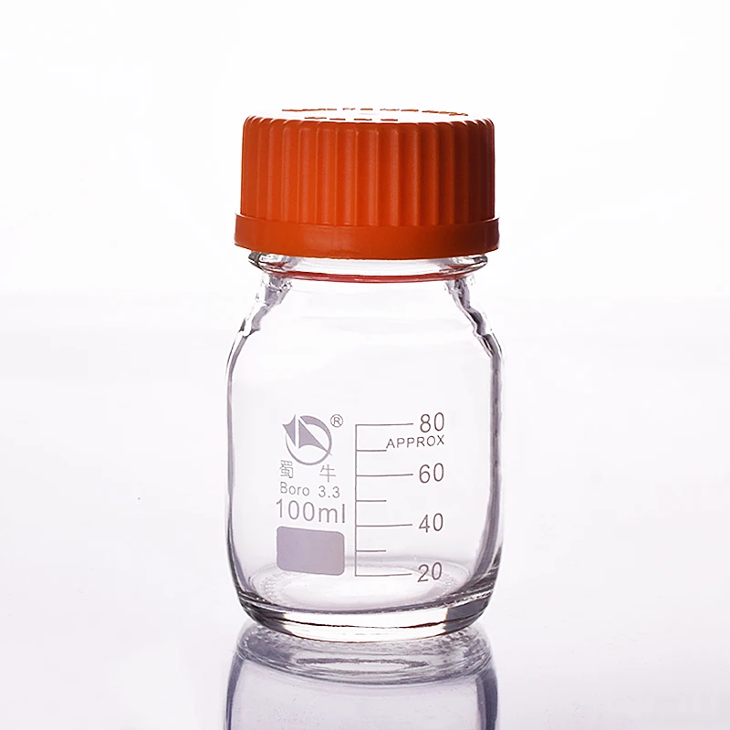 

4pcs Reagent bottle,With yellow screw cover,Borosilicate glass 3.3,Capacity 100ml,Graduation Sample Vials Plastic Lid