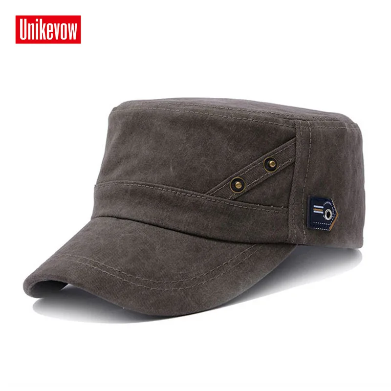 UNIKEVOW 100% Cotton Military Caps Flat top Hat Army Cap With Leather Patch For Men And Women Outdoor Hat Sport Cap