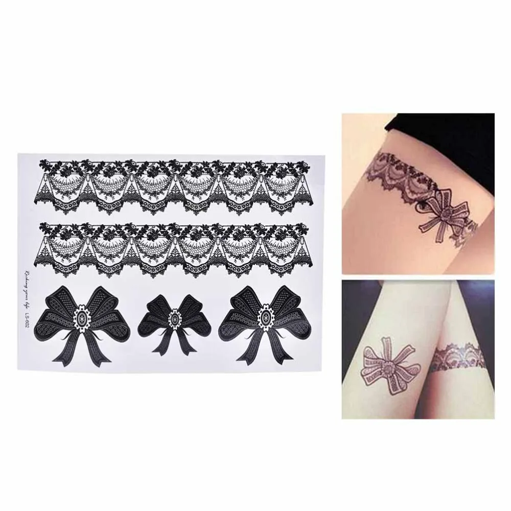 1 Pcs Black Waterproof Temporary Tattoo Sticker on Body Leg Water Transfer Sexy Lace Stocking Fake Flash Tattoo for Girl Women