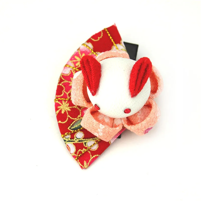 Traditional Japanese Tsumami Kanzashi Children Seven-Five-Three Fan Lovely Rabbit Yukata Thick Cotton Fabric Headclip HW006-F