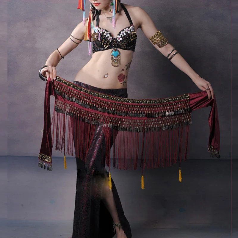 US New Belly Dance Hip Scarf Coin Belt Tribal Costume Fringe Tassel Belt Copper Belly Dancing Waist Tribal Design Conins Belt