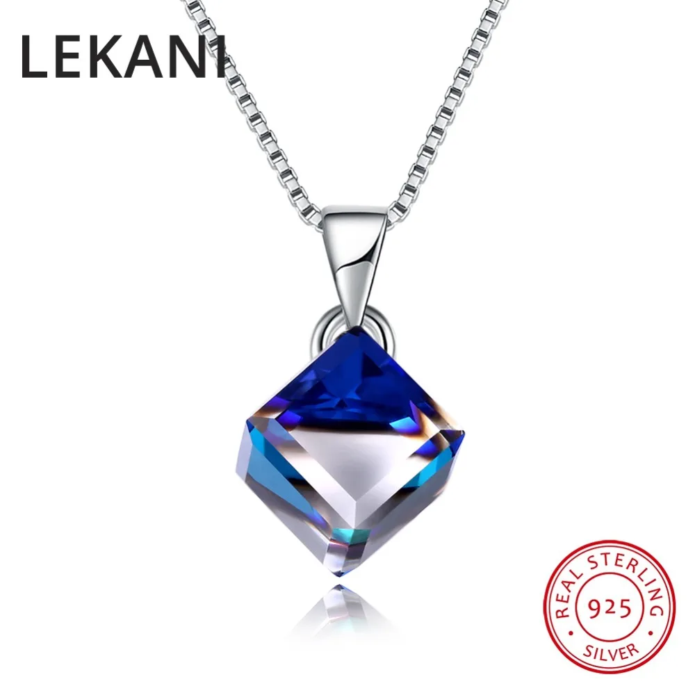 

Real S925 Silver Crystals From Austria Blue Cube Pendant Necklace Simple Trendy Collars Fine Jewelry For Women Girls Gift