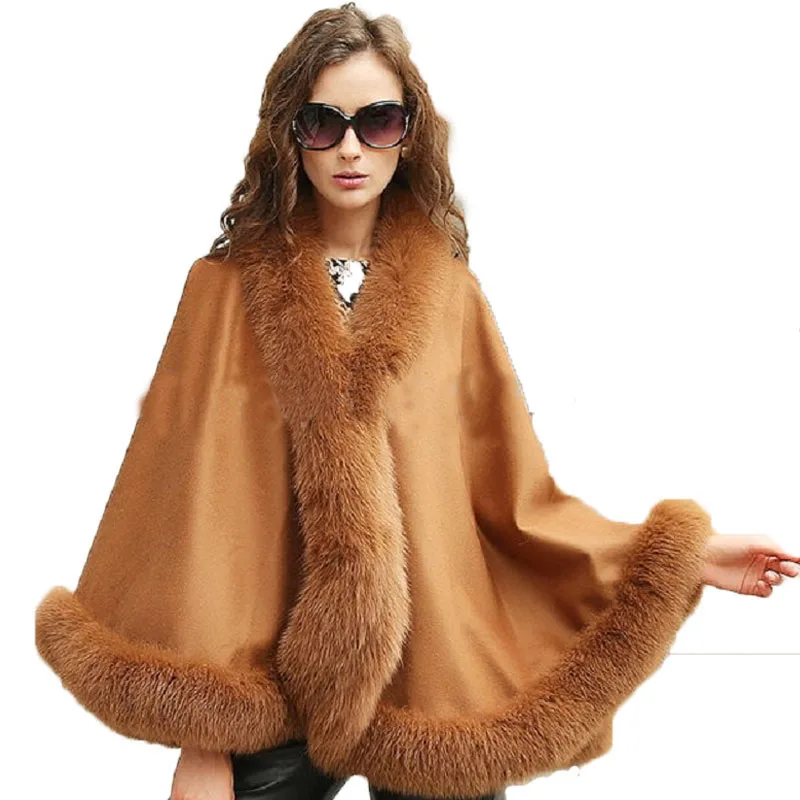 

Lady's Genuine Real Cashmere Genuine Fox Fur Women Brown Coat Cloak Poncho/Shawl//Cape Wraps