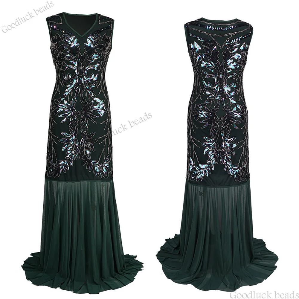 

Women 1920s V neck Dress Vintage Sleeveless Beaded Sequin Dress Spring Summer Fancy Costume Floor-Length Club Party Maxi Dresses