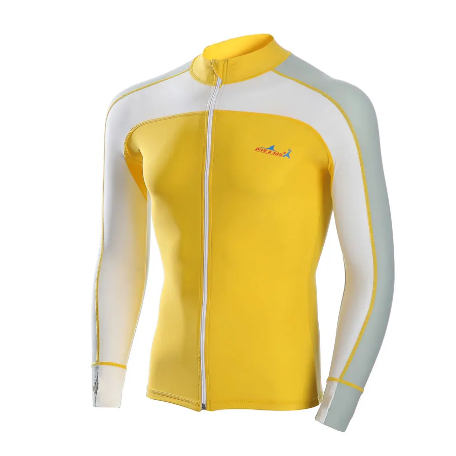 

Men's Long Sleeve Zipper Surf Swim Rash Guard Swimwear, Yellow Rashguard Diving Tops, Man Sun-Protective Sports Shirt