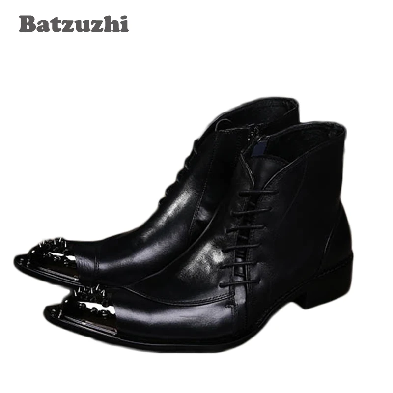 

Batzuzhi Men's Shoes Black Leather Ankle Boot Height Increased Iron Toe Western Luxury Designer's Leather Dress Short Boots Men