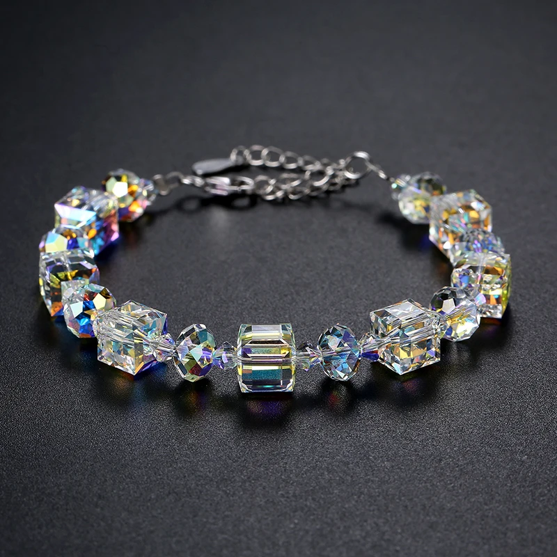 Luxury Colorful Beads Jewelry Sets Crystals From Austria Silver Color Cube Pendant Necklace Dangle Earrings Bracelet For Women