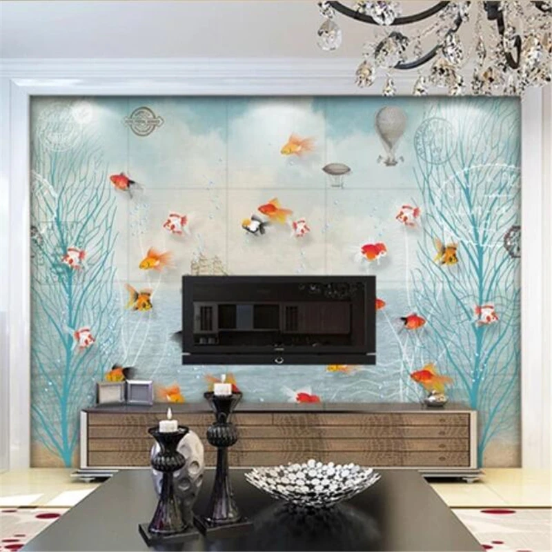 papier peint Custom wallpaper 3d mural nostalgic hand-painted Mediterranean nautical elements goldfish TV background wall paper