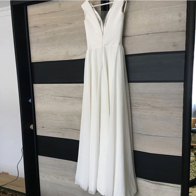 Einfache Chiffon Hochzeit Kleider Voller Länge V-ausschnitt Ärmel Vestido De Noiva Falten Backless Brautkleider Für Sommer Hochzeit