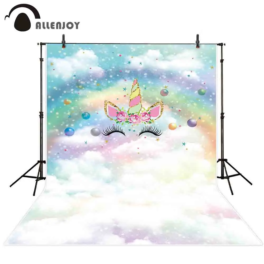 

Allenjoy unicorn birthday party photography backdrop flower rainbow cloud background photobooth photocall custom decoration prop