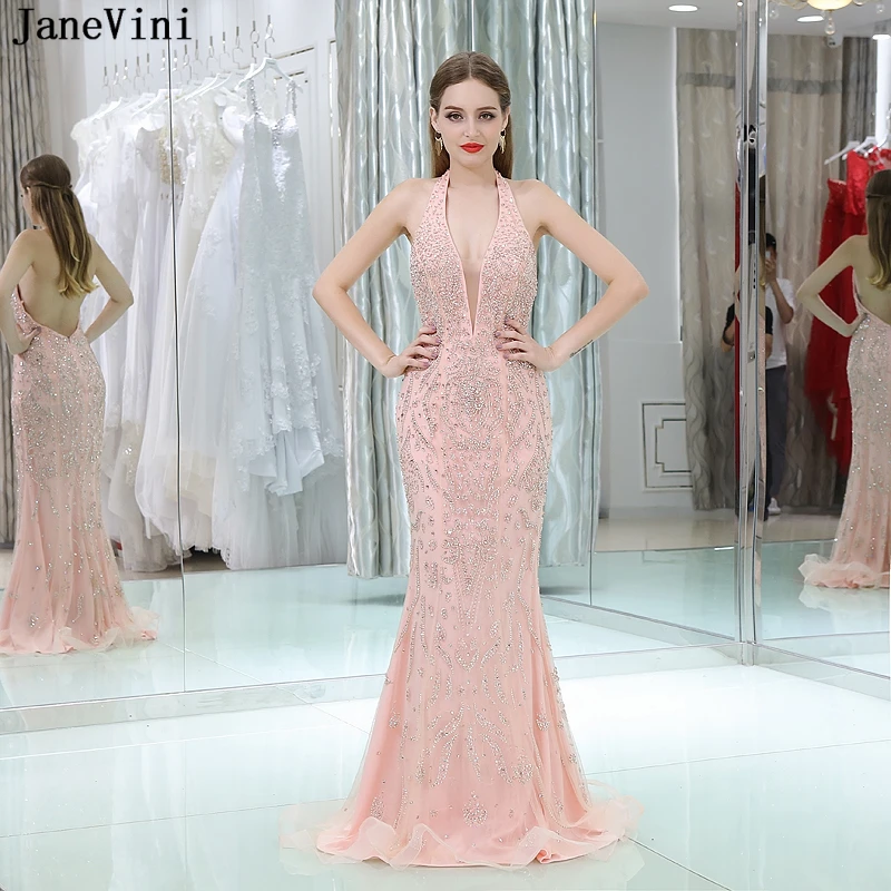 JaneVini Dubai Luxury Pink Full Beaded Sparkle Long Bridesmaid Dresses Sexy Deep V Neck Backless Mermaid Tulle Formal Prom Gowns