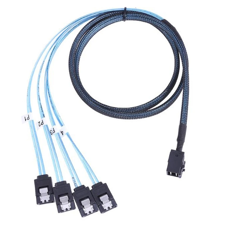 Mini SAS SFF-8643 Host to 7-Pin 4 SATA Target Hard Disk 6Gbps Data Server Raid Cable, Length: 1m