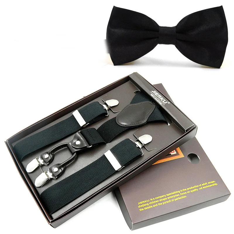 JIERKU Treo Tie Thiết Lập Người Đàn Ông của Niềng Răng với Bow Tie 4 Clip Suspensorio CintaTrousers Dây Đeo riem Cha/Chồng của quà tặng TZ4C1027