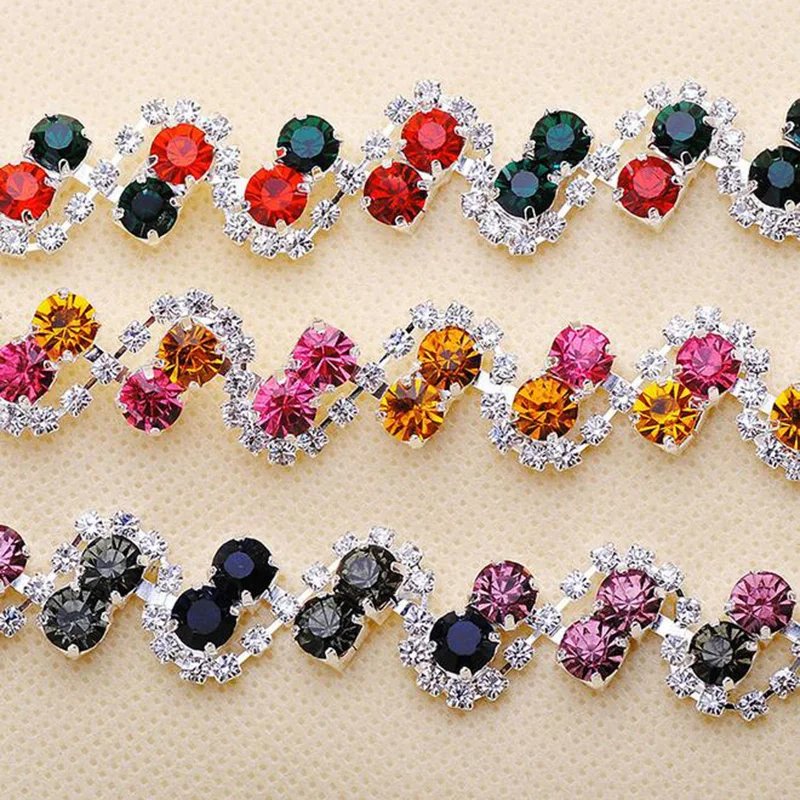 10Yards Sparkly Handmade Rhinestone Trim Colorful Crystal Applique Motif For Wedding Dress Evening Gown Party Dress