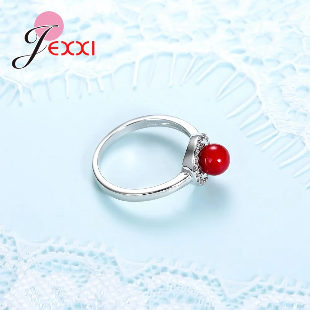 Eenvoudige Stijl 925 Sterling Zilveren Kleur Ringen Ronde Setting Oostenrijkse Kristal Cz Verloving Vrouwen Sieraden Rode Kleur Bal Ring