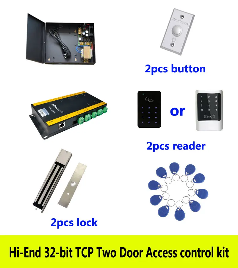 Hi-End 32-Bit Access Control Kit,TCP/IP Two Door+Power+280kg Magnetic Lock+ID Touch Keypad Reader+Button+10 ID Tag,Sn:Kit-AT206