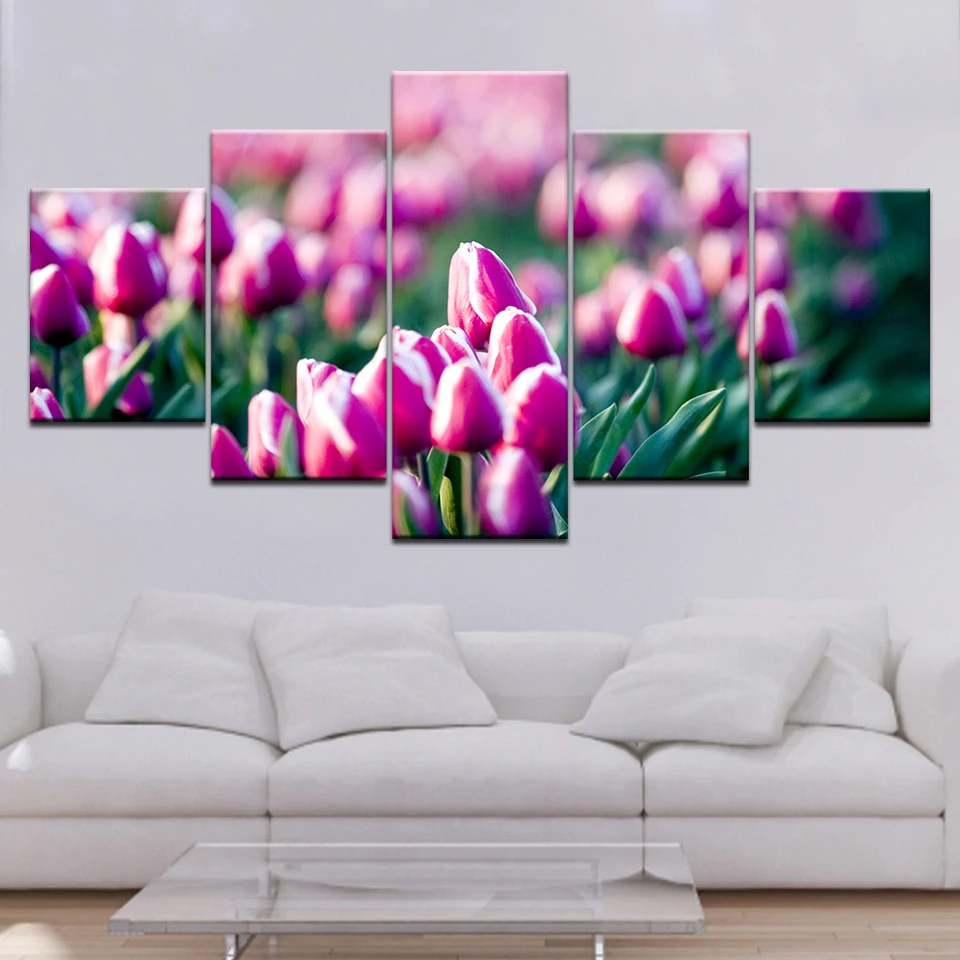 زهور التوليب الوردية 5 لوحات خلفيات وحدات حديثة ملصق فني قماش اللوحة لغرفة المعيشة ديكور المنزل