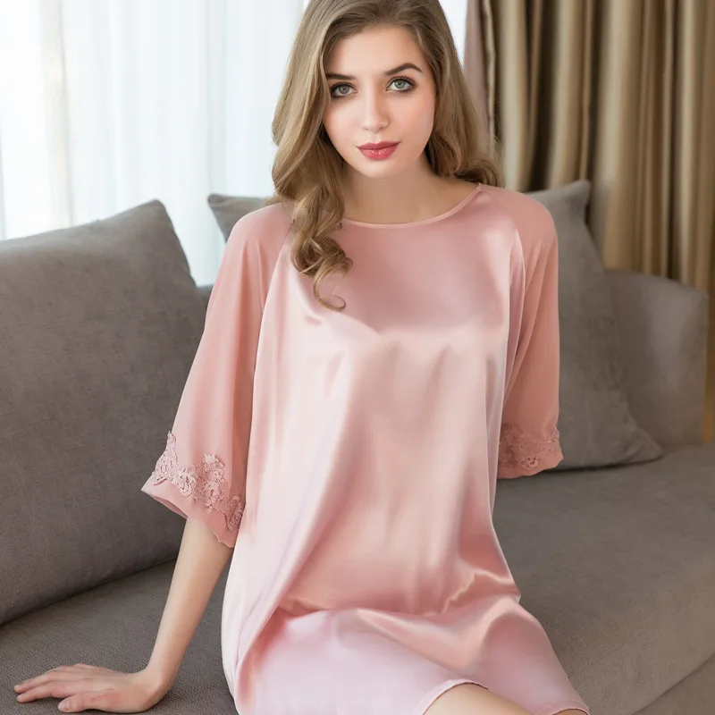 Sexy Satin Silk Nightgowns Women Half Sleeve Ice Silk Sleepwear Female Round Neck Sweet Princess Sleeping Dresses Pyjama 1563